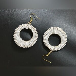 White Beaded BOHO Dangling Hoop Earrings